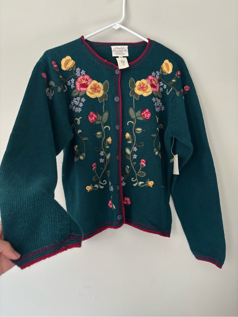 Vintage Cottagecore Teal Floral Knitted Embroidery Fairy Garden Granny Cardigan